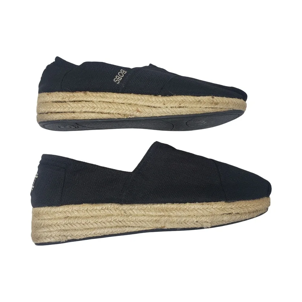 BOBS from Skechers Women 8.5 Black Canvas Espadrille Platform Slip On Flats